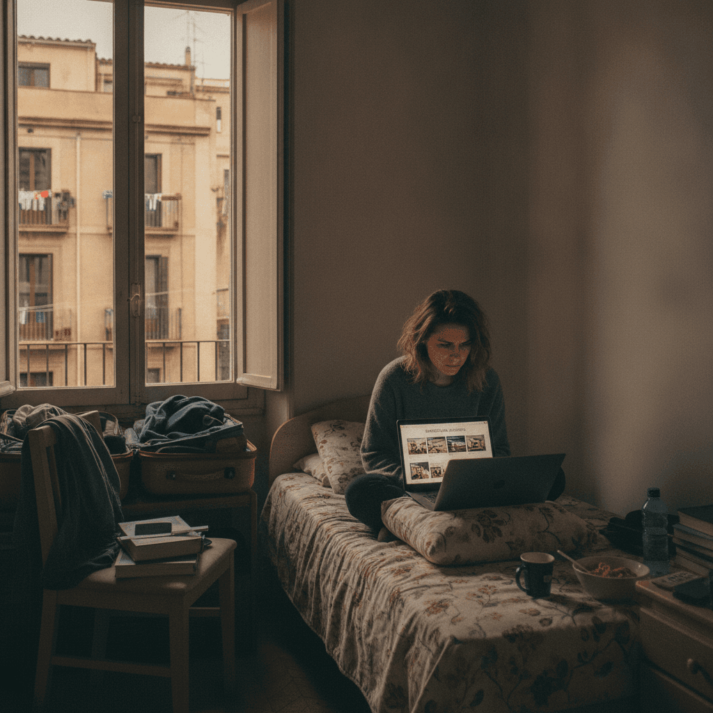 Estudiante Erasmus con dificultades para encontrar alojamiento en Barcelona, mercado de alquiler estudiantil competitivo